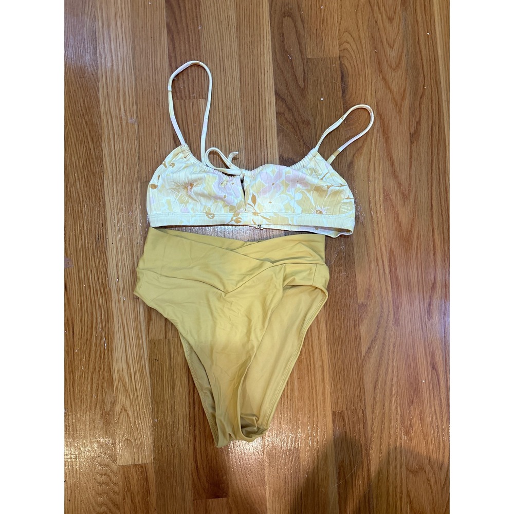 Aerie Yellow Floral Bikini Set High Waisted Crossover Cheeky Bottoms Small S P